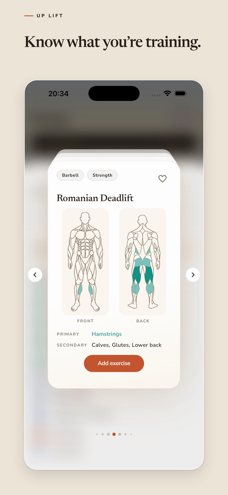 UpLift exercise detail screen showing Romanian deadlift muscles and training categories.