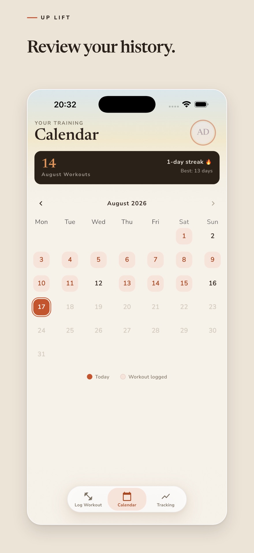 UpLift calendar screen showing logged workouts across a month.